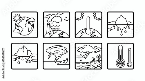 Environment Icon Set Depicting Global Climate Symbols.