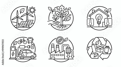 Six Eco Icon Set Depicting Sustainable Living Concepts.