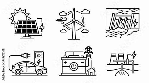 Renewable energy icons featuring solar wind and hydro technology.