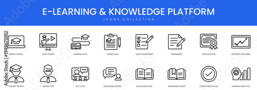 A comprehensive collection of outline icons for online education, student profiles, video lessons, and curriculum management