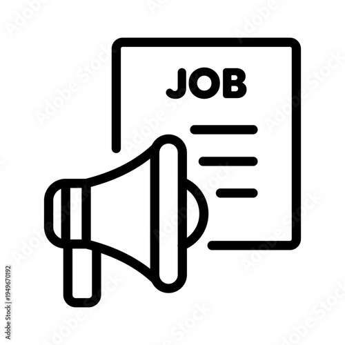 Line icon showing a job advertisement document with a megaphone to announce a new career opening