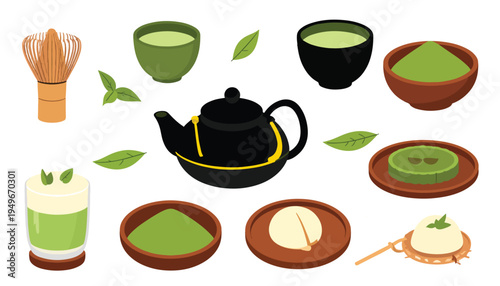 Green matcha set element collection design. ceremonial