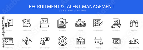 Modern line icons for human resources, job applications, candidate interviews, and employee performance reviews