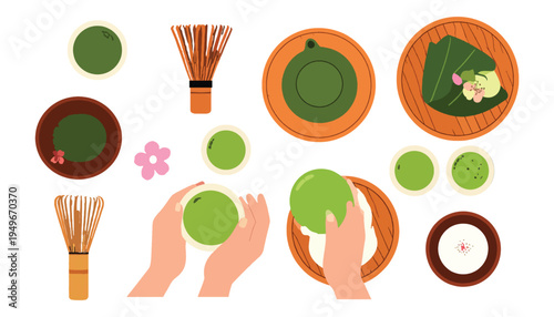 Set of hand drawn matcha green tea doodle illustration. collection design