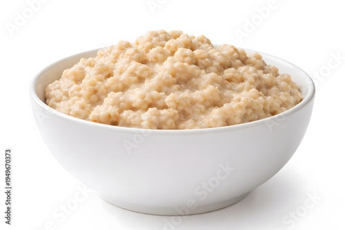 Bowl of hot cooked oatmeal porridge for healthy breakfast isolated on white background image