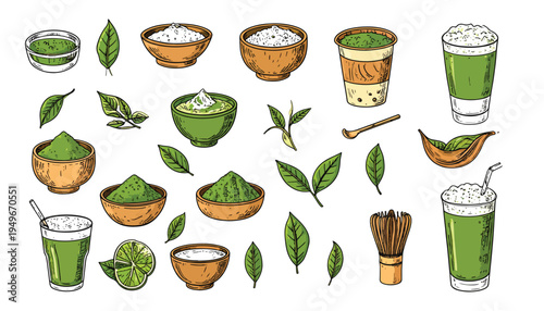 Set of hand-drawn illustrations featuring various matcha tea-related items, including bowls, whisks, spoons, and cups with green tea powder and leaves