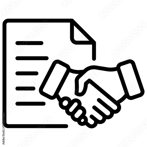 Professional line icon showing a handshake in front of a document symbolizing a binding agreement