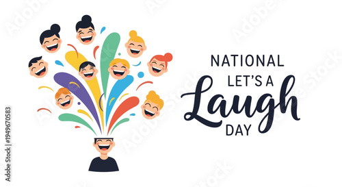 Illustration of a joyful man surrounded by laughing faces on National Let's Laugh Day with colorful design elements.