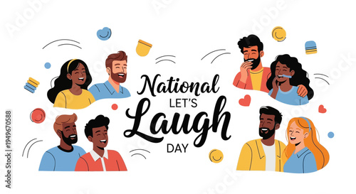 Illustration of diverse people laughing together on National Let's Laugh Day with colorful confetti and joyful expressions on a white background.