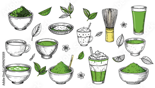 Hand-drawn doodle set of matcha tea elements, showing whisked drinks, lattes, powder, and tools for various beverage preparations