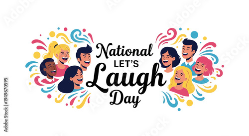 Illustration of diverse people laughing together on National Let's Laugh Day with colorful confetti and streamers, conveying joy and happiness.