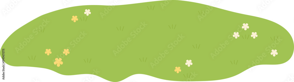 Fototapeta premium Green grass patch with tiny flowers vector illustration, flat design meadow ground element isolated on white background