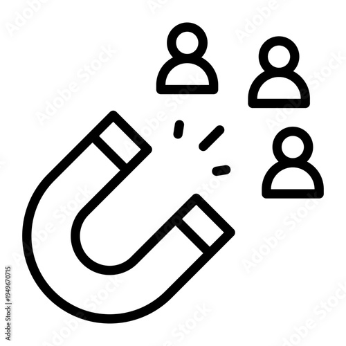 A linear icon showing a magnet attracting people symbols representing the process of lead generation