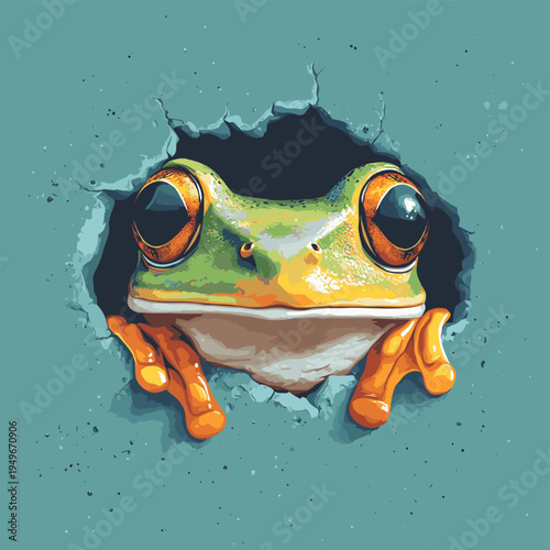 portrait frog looking throuhg a hole in a blue wallpaper , vector style simple color