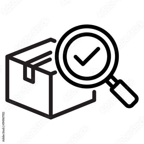 Magnifying glass over a package with a checkmark depicting inspection and quality assurance standards
