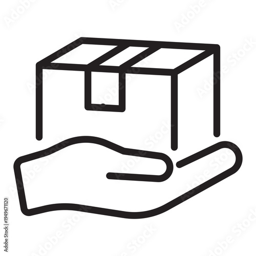 Line icon of a hand holding a cardboard box representing the final delivery or handling stage in the supply chain