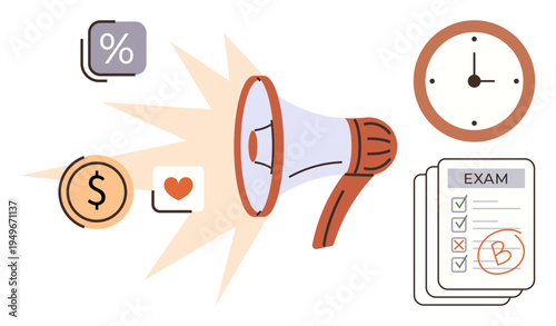 Marketing campaigns, educational goals, exam results, financial management, time planning, and communication. Megaphone with icons for percentage, clock currency and exam paper. Marketing