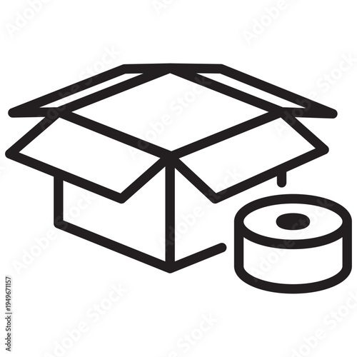 Line icon of an open cardboard box with a roll of adhesive tape representing the packaging and preparation stage of logistics
