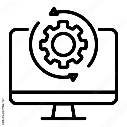 Line icon of a computer screen with a gear and rotating arrows representing system processing or status updates