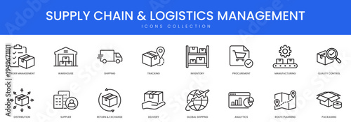 Detailed linear icons for global shipping, warehouse storage, inventory tracking, and distribution logistics