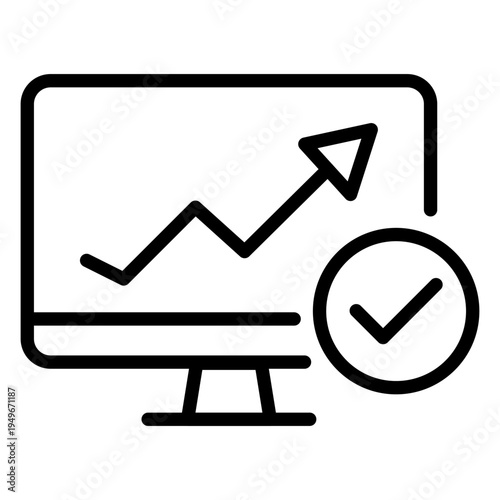 Line icon of a computer monitor with a rising graph and a checkmark representing high system availability and uptime