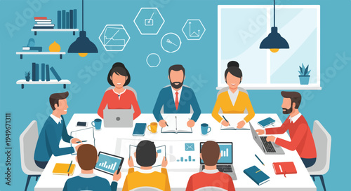 A diverse group of professionals collaborates around a conference table, using digital devices and notebooks, with business icons floating in the background.