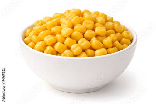 Fresh delicious sweet corn kernels in white bowl isolated on white background