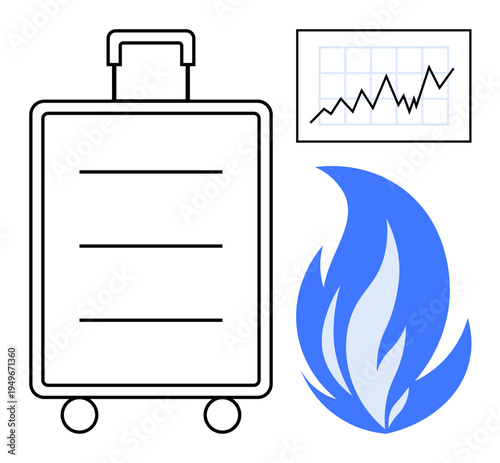 Travel risk, safety, business growth, market trends, financial challenges, emergency management. Wheeled suitcase near flame and graph. Travel risk and safety concept illustrated through visuals
