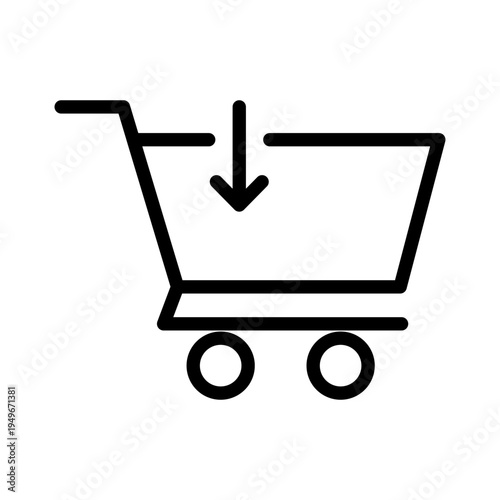 Line icon of a shopping cart with a downward arrow signifying a new or incoming order