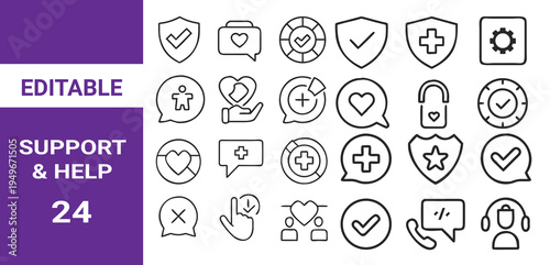 Support and Help icon set.Charity Line Icons Set with Donation Care and Medical Support Editable Stroke Vector