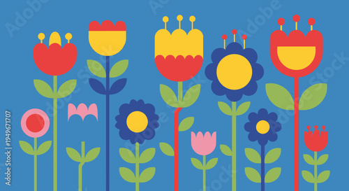 Brightly colored stylized flower illustrations against a vibrant blue background, showcasing a playful and abstract floral design