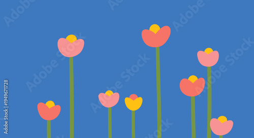 A charming array of abstract pink and yellow flowers with green stems blooming vibrantly against a serene blue background, depicting a joyful spring garden scene