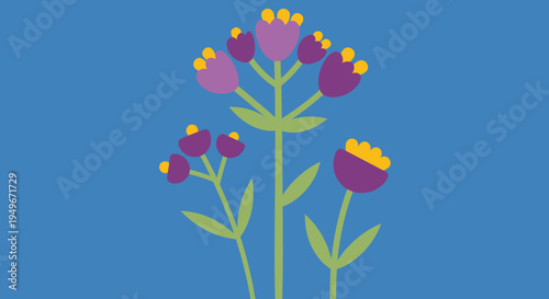 A collection of beautiful purple and yellow flowers against a vibrant blue background, celebrating nature's floral beauty