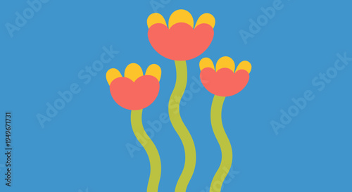 A bright and cheerful illustration of three stylized red and yellow flowers against a solid blue background, evoking a sense of spring and nature