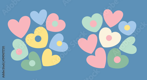 Charming pastel heart-shaped flowers form a delightful artistic pattern, creating a gentle and serene illustration on a tranquil blue background, ideal for sweet and romantic designs