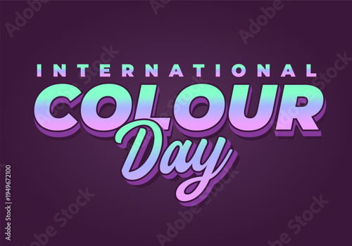 Bold retro styled text International Colour Day in mint to purple gradient with 3D drop shadows on dark purple background.