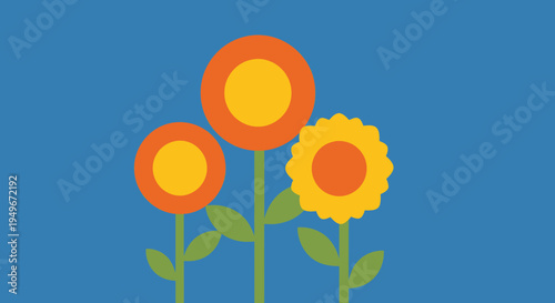 Simple and charming graphic illustration featuring a trio of colorful flower designs with bold orange and yellow petals on a calming, deep blue backdrop, perfect for a fresh look