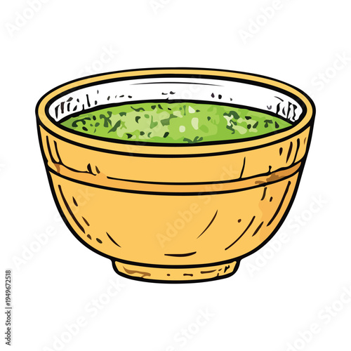A simple vector illustration of a ceramic bowl with soup and green beans isolated on a white background with a spoon in a traditional kitchen style