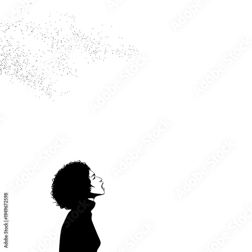 Woman looking up at birds in flight rendered in black and white vector style illustration art