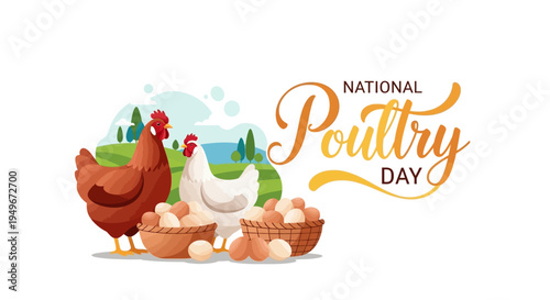 Illustration of chickens and eggs celebrating National Poultry Day with a farm background and colorful design elements.