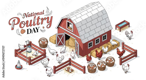 Isometric illustration of a red barn with chickens and farm equipment on National Poultry Day with a rustic and agricultural theme.