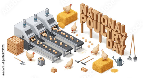 Isometric illustration of a poultry farm production line with chickens, eggs, and farming tools, celebrating National Poultry Day with a rustic and industrial composition.