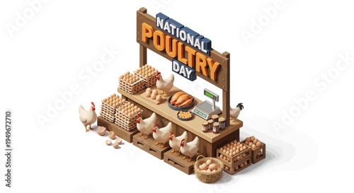 Isometric illustration of a poultry farm market stand with chickens and eggs on National Poultry Day, featuring a sign and various farm products in a rustic setting.