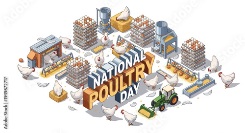 Isometric illustration of a poultry farm with chickens, farm buildings, and equipment celebrating National Poultry Day with a colorful and lively composition.