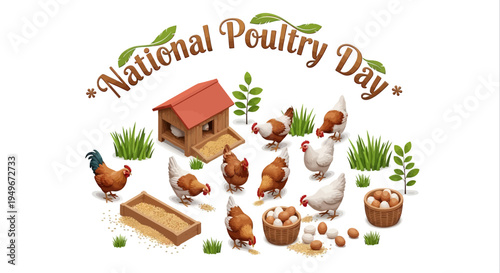 Illustration of chickens and a coop for National Poultry Day with eggs and plants on a white background, conveying a farming concept.