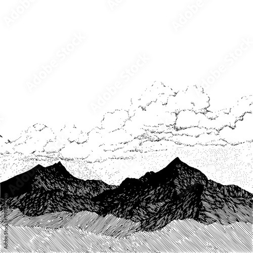 Mountain range under a cloudy sky is depicted in a monochrome hand drawn style illustration here today