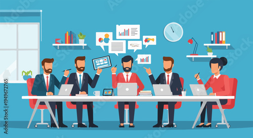 A diverse team of professionals holds a business meeting around a conference table, actively collaborating and discussing data.