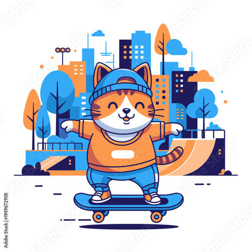 Cute Cartoon Cat Skateboarding in City Skatepark Flat Vector Illustration