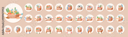 Character hands hold a donation box in soft flat style sticker. Round charity icon set show gift goods and care. Support, help and give contribution for people community as warm pastel collection