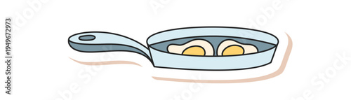 Camp frying pan outdoor doodle sticker with color icon style. Picnic equipment for trip or adventure in nature. Graphic art for travel supplies and camp cooking themes.